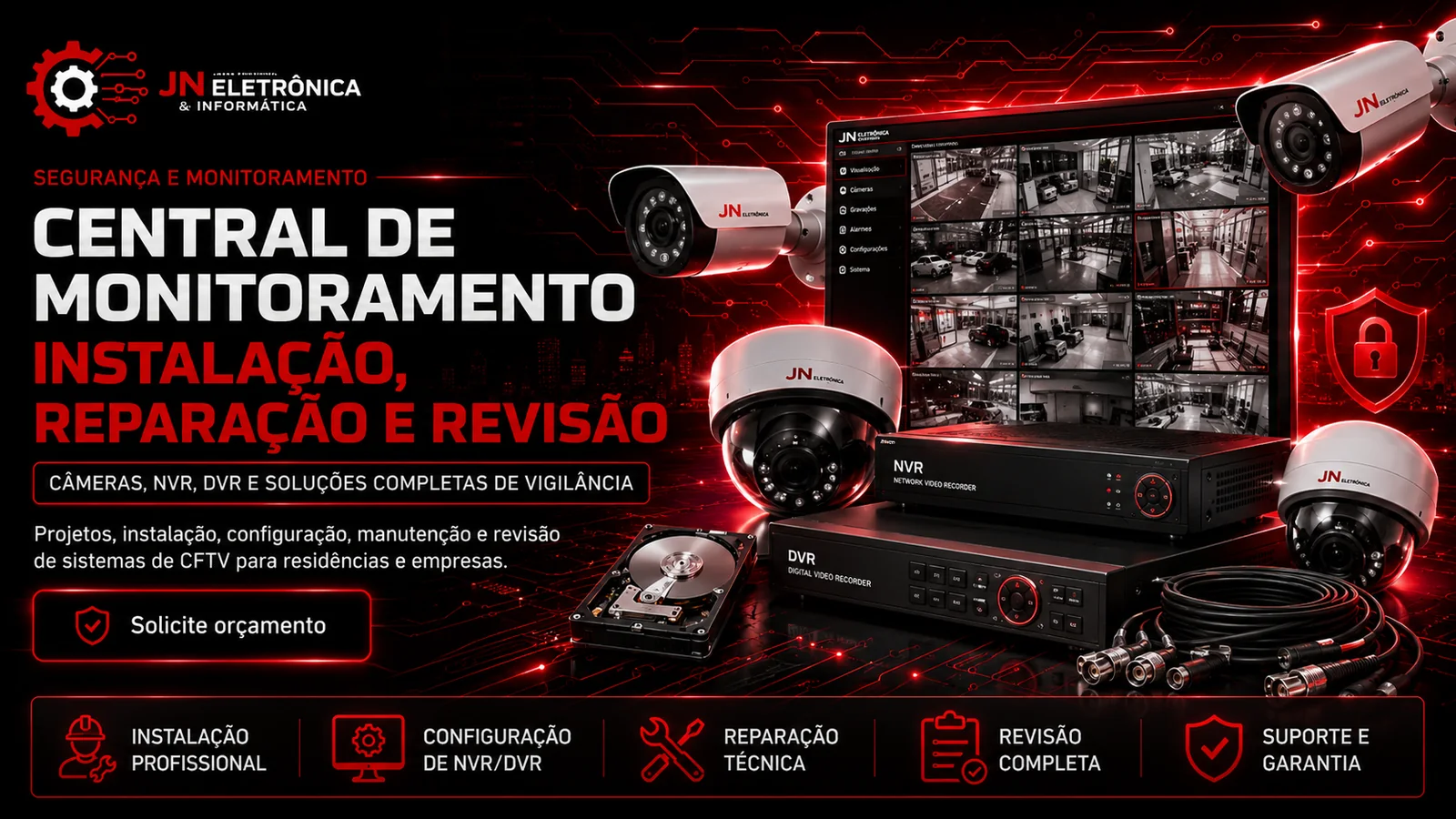 Central de monitoramento com câmeras, NVR, DVR, instalação, reparação e revisão