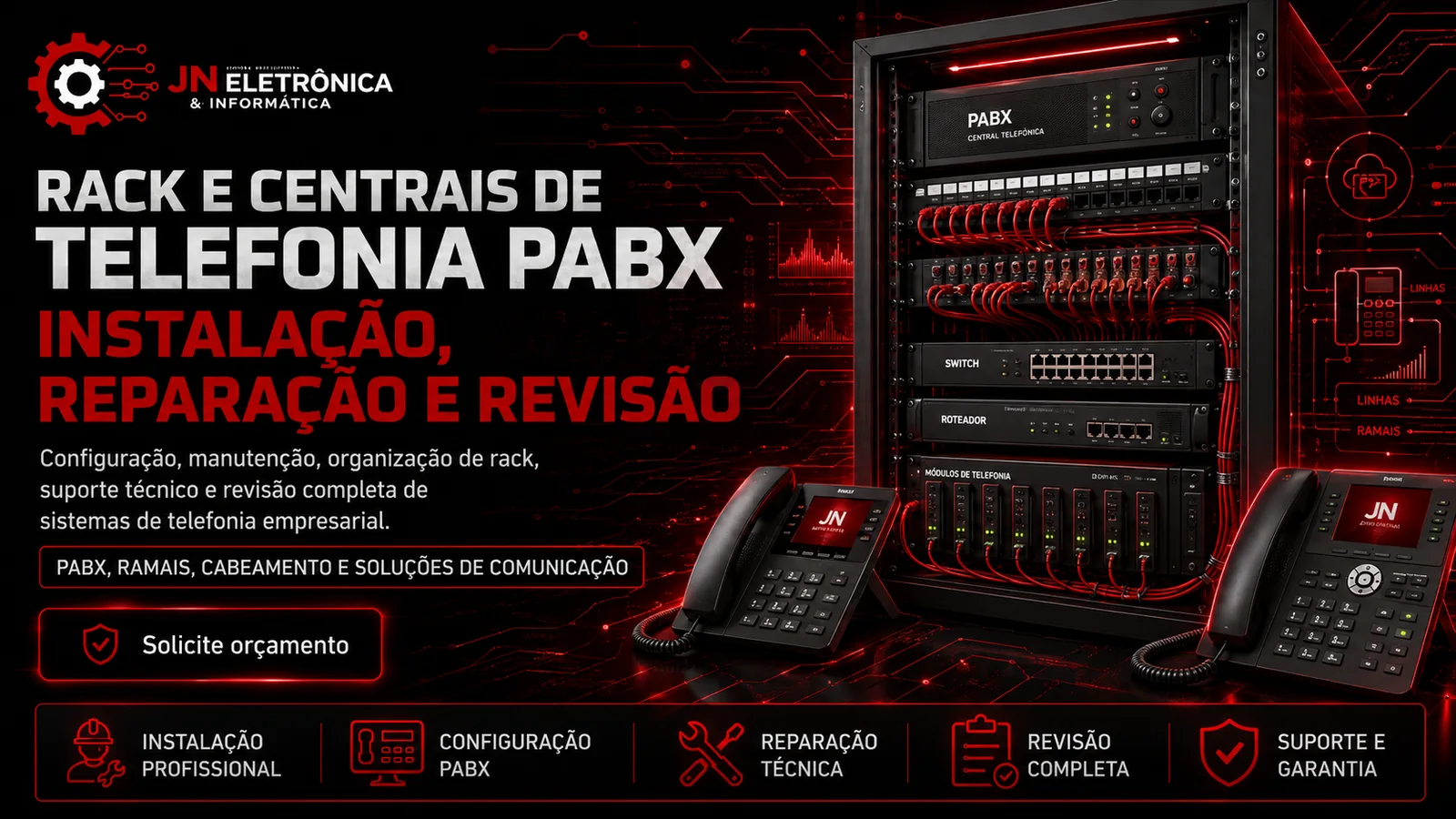 Rack e centrais de telefonia PABX com instalação, reparação e revisão