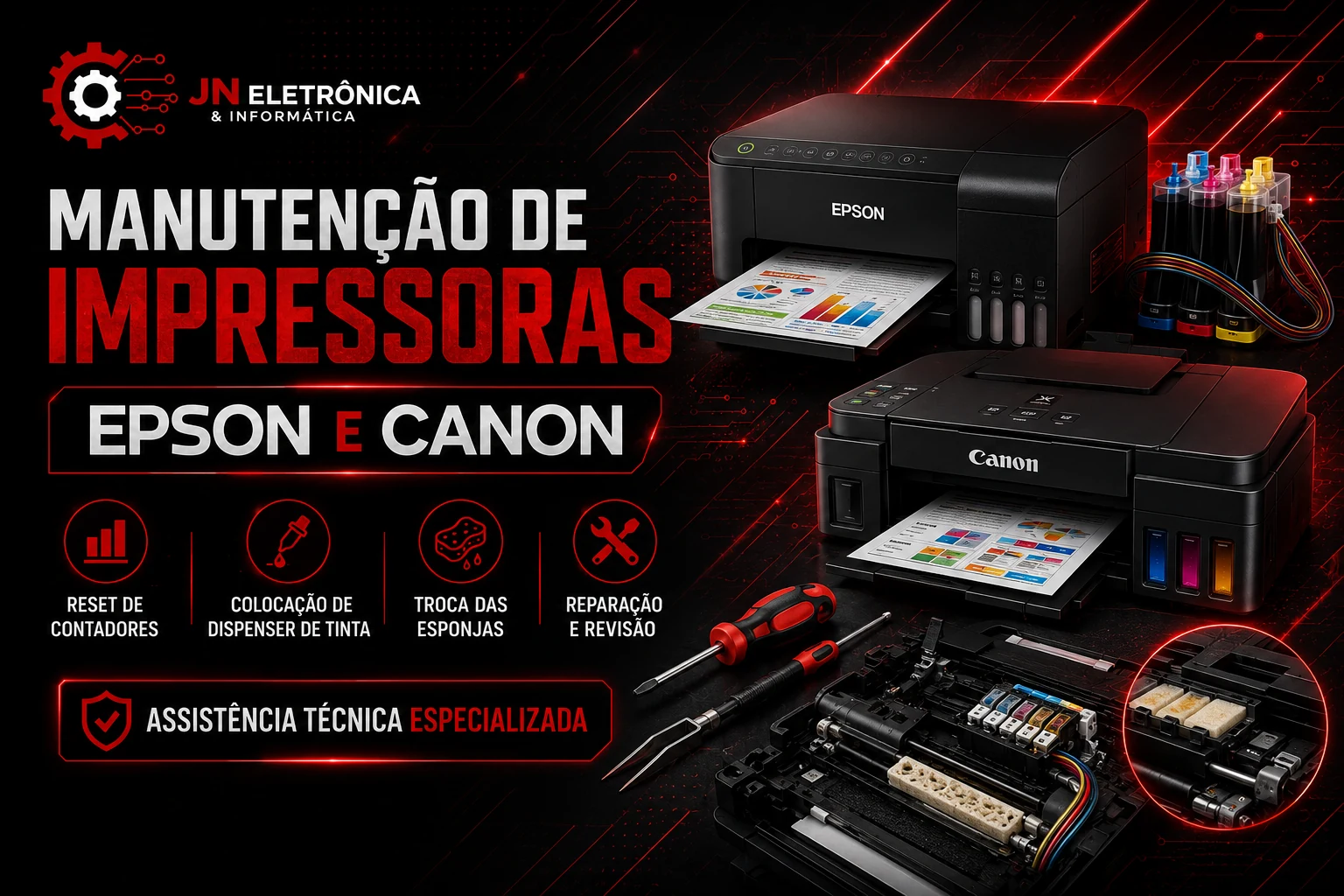 Manutenção de impressoras Epson e Canon, reset de contadores, dispenser de tinta, troca de esponjas, reparação e revisão