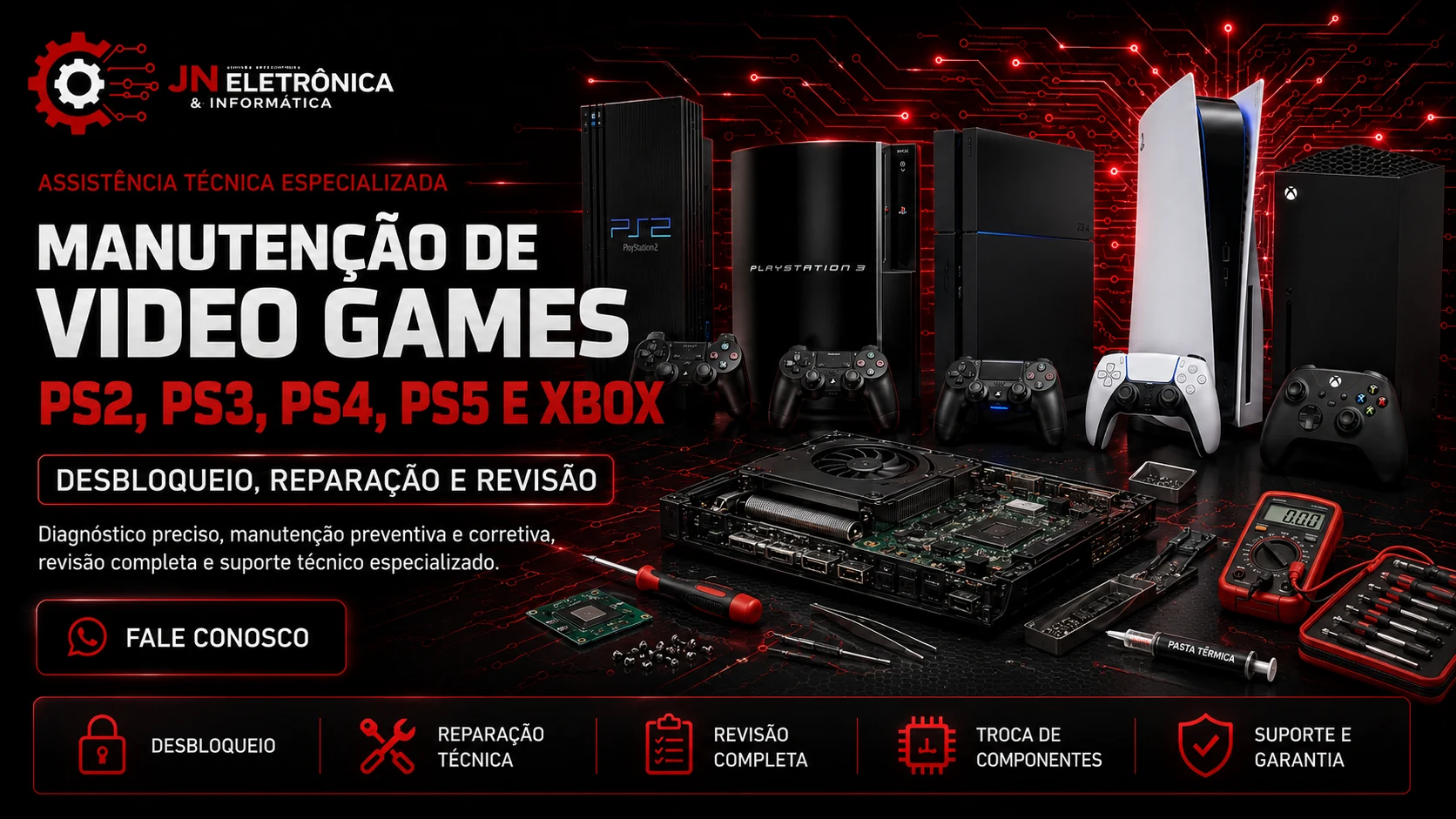 Manutenção de video games PS2, PS3, PS4, PS5 e Xbox, desbloqueio, reparação e revisão
