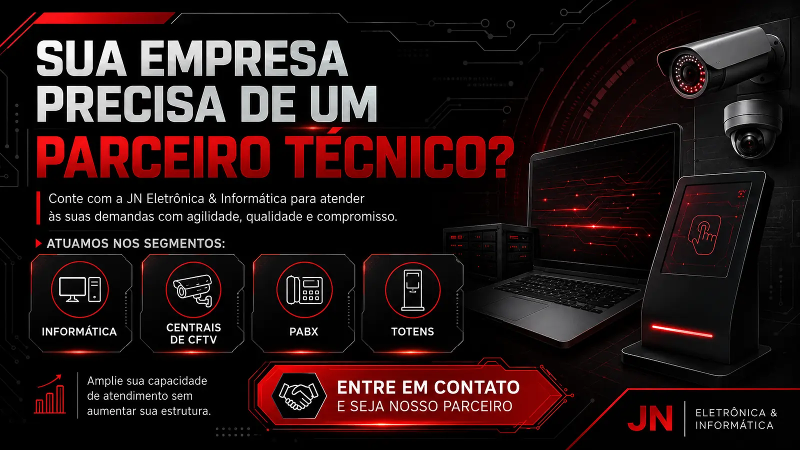 Banner de parcerias técnicas para informática, centrais de CFTV, PABX e totens